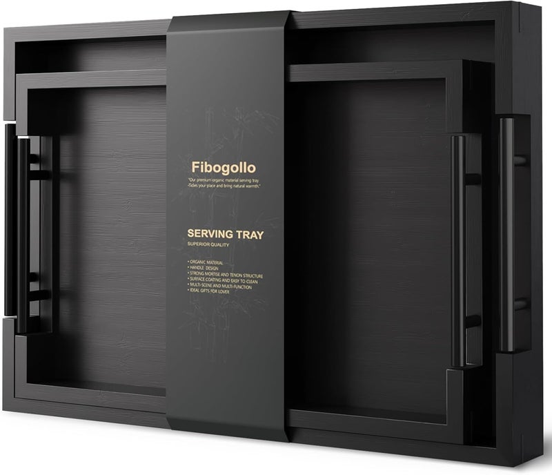 Fibogollo Bamboo Set of 2 Serving Tray with Metal Handles,Ottoman Decorative Trays Platter for Coffee Table,Living Room,Bar,Party(Black) - Image 1